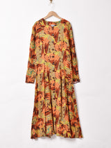 総柄 フロントボタン 長袖ワンピース