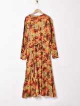 総柄 フロントボタン 長袖ワンピース