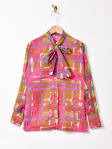 総柄 長袖 ボウタイブラウス