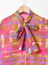 総柄 長袖 ボウタイブラウス