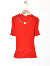 花刺繍 リブ 半袖セーター