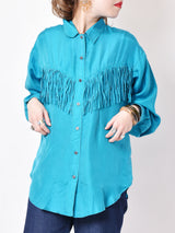 フリンジ 長袖シルクシャツ ターコイズブルー