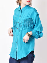 フリンジ 長袖シルクシャツ ターコイズブルー