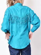 フリンジ 長袖シルクシャツ ターコイズブルー