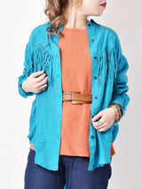 フリンジ 長袖シルクシャツ ターコイズブルー