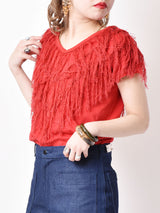 フリンジ ショートトップス レッド