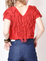 フリンジ ショートトップス レッド