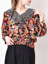 Susan Freis ラッフルカラー フラワーパターン 総柄ブラウス