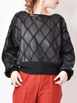 パッチワーク風デザイン レザートップス ブラック