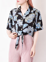 花柄 ウエストリボン 半袖シャツ