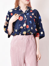 花柄 半袖シャツ ネイビー