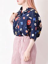 花柄 半袖シャツ ネイビー