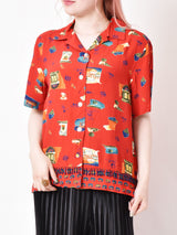 総柄 ビーズつき 半袖シャツ