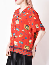 総柄 ビーズつき 半袖シャツ