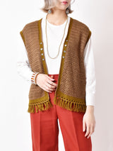 フリンジニットベスト ブラウン×オリーブ