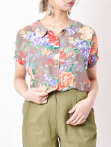 花柄 半袖ブラウス ブラウン系