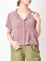 小花柄 半袖シルクシャツ ワインレッド