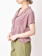 小花柄 半袖シルクシャツ ワインレッド