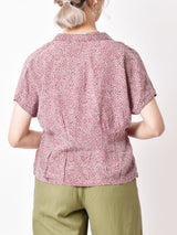 小花柄 半袖シルクシャツ ワインレッド