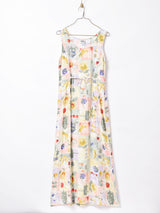 総柄 ロング丈スリーブレスワンピース イエロー・グリーン系