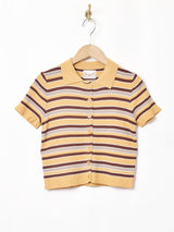 【5色展開】Elcamino ボーダー柄 ボタンダウンニットトップス