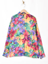 総柄 長袖 シルクシャツ