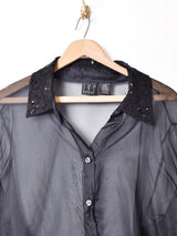 レース×ビーズ デザイン 長袖 シアーシャツ