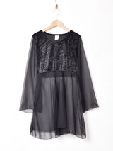 ベロア切り替え シアー 長袖ブラウス