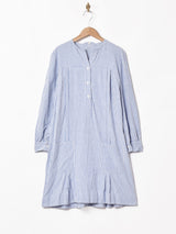 ストライプ ノーカラー 長袖ワンピース