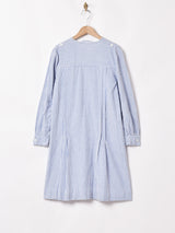 ストライプ ノーカラー 長袖ワンピース