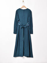 チェック×花柄 レイヤードデザイン 長袖ワンピース