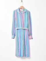 ベルト付き ストライプ 長袖 シルク シアーワンピース
