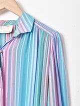 ベルト付き ストライプ 長袖 シルク シアーワンピース