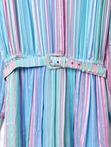 ベルト付き ストライプ 長袖 シルク シアーワンピース