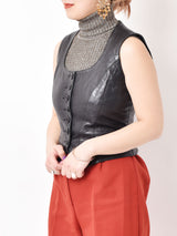 コルセット風デザイン レザーベスト ブラック