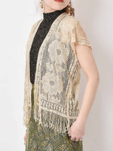 メタリック素材織り フリンジトップス