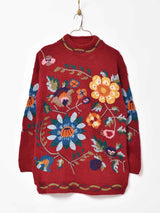 花刺繍 ハイネックニット ハンドメイド ワインレッド