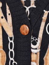 馬具デザイン 総柄 ハイゲージニットカーディガン