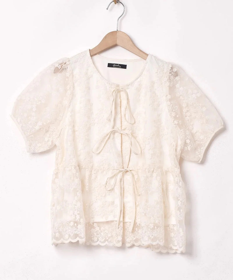 【3色展開】Meridian 刺繍 半袖 チュールブラウス