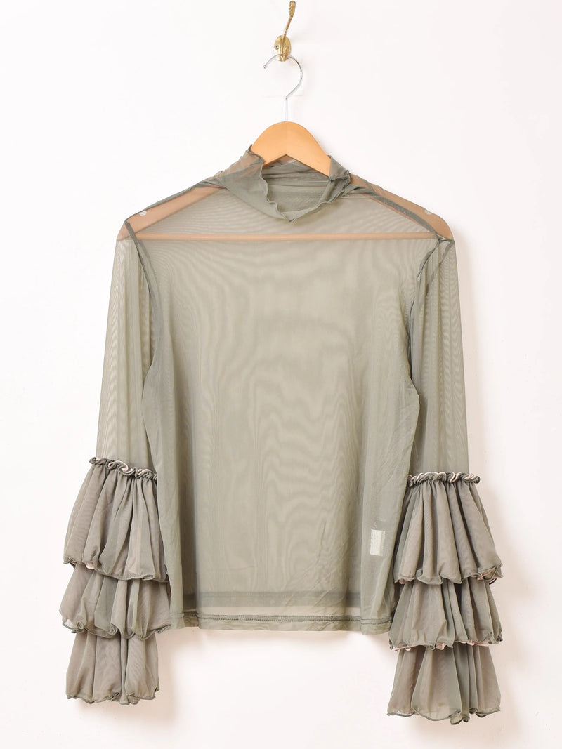 【4色展開】Meridian タートルネック フリルスリーブ シアーカットソー