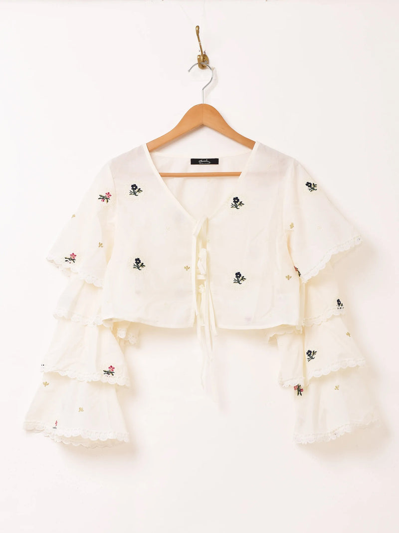 【3色展開】Meridian フラワー刺繍 ラッフルスリーブ 長袖ブラウス