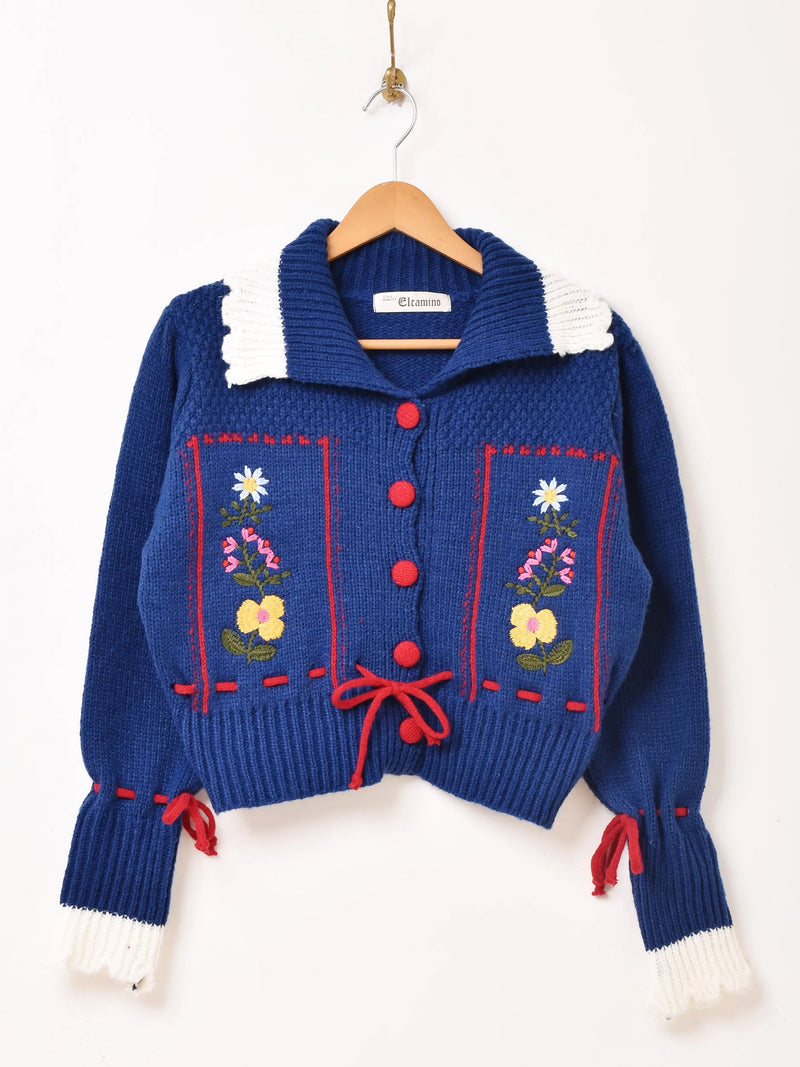 【3色展開】Elcamino フラワー刺繍 襟付き チロル風カーディガン