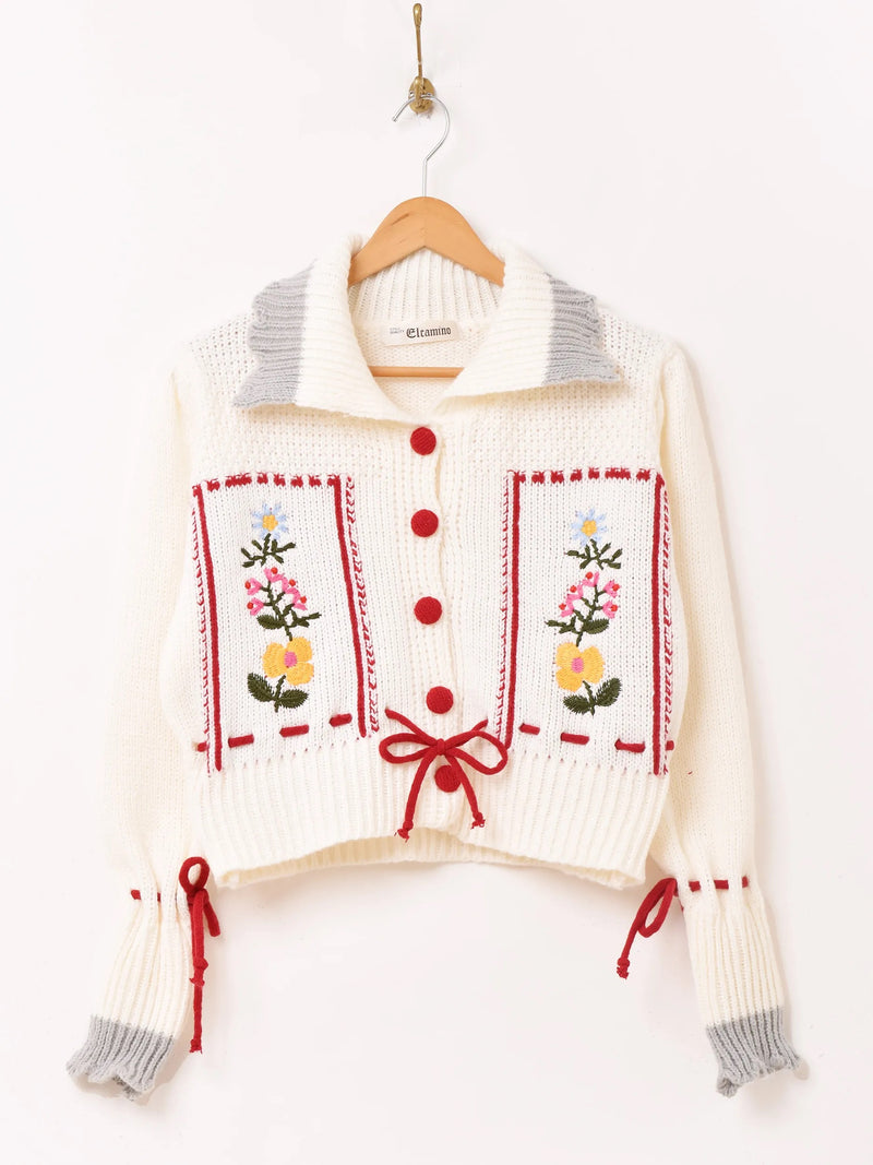 【3色展開】Elcamino フラワー刺繍 襟付き チロル風カーディガン
