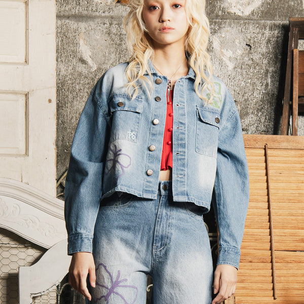 2色展開】Emerald Motel カラフル刺繍 クロップド デニムジャケット