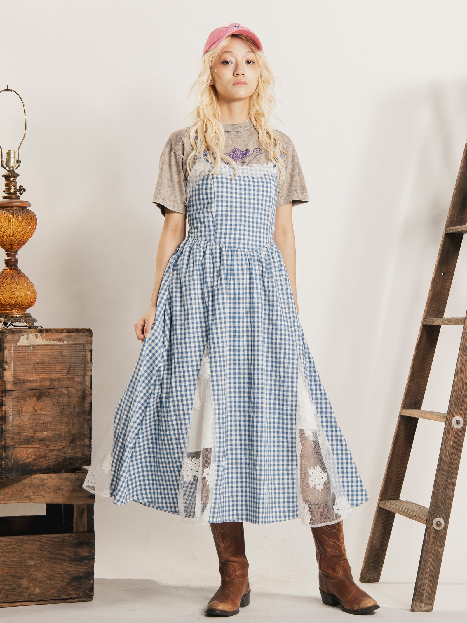 2色展開】Meridian ギンガムチェック×レース キャミソールワンピース