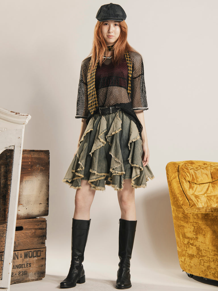 Meridian スパイラルフリル デニム ミニスカート