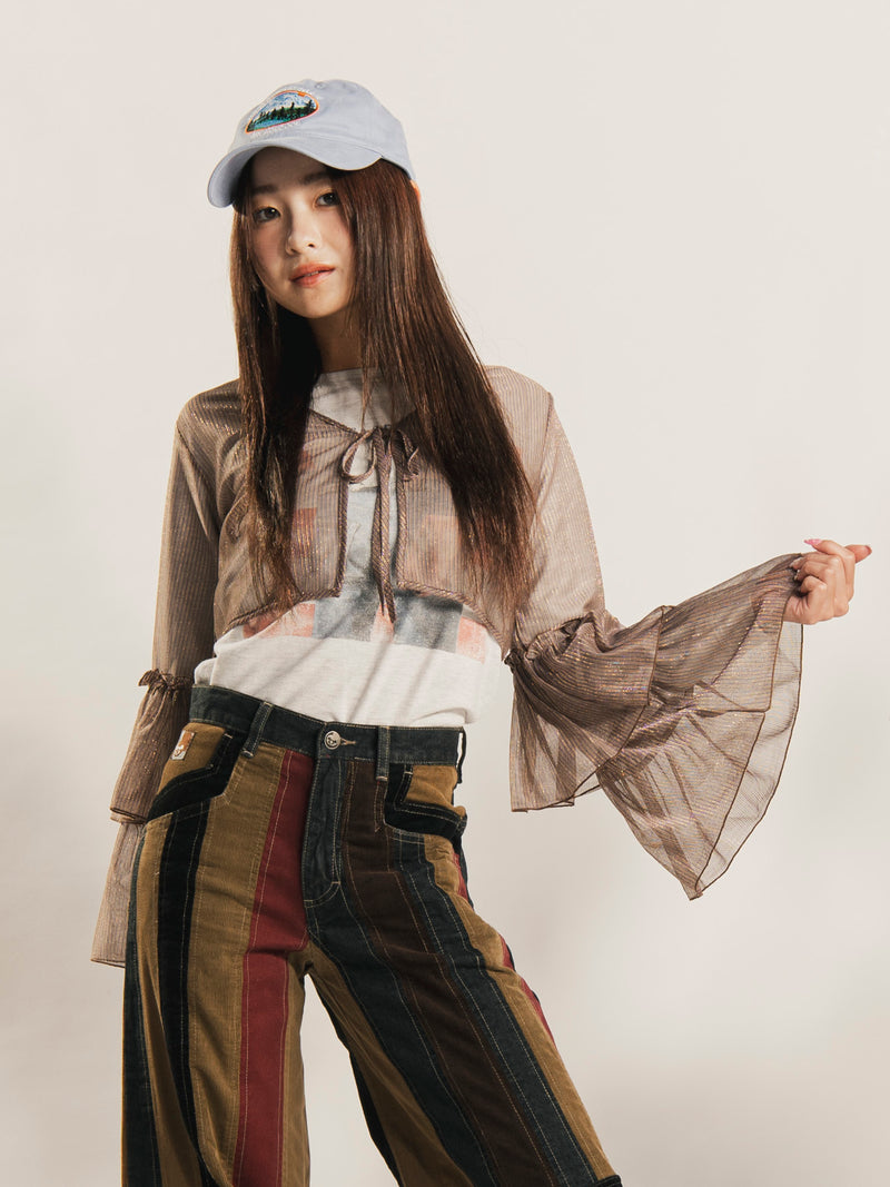 【3色展開】Meridian ラメ フリルスリーブ 長袖ブラウス