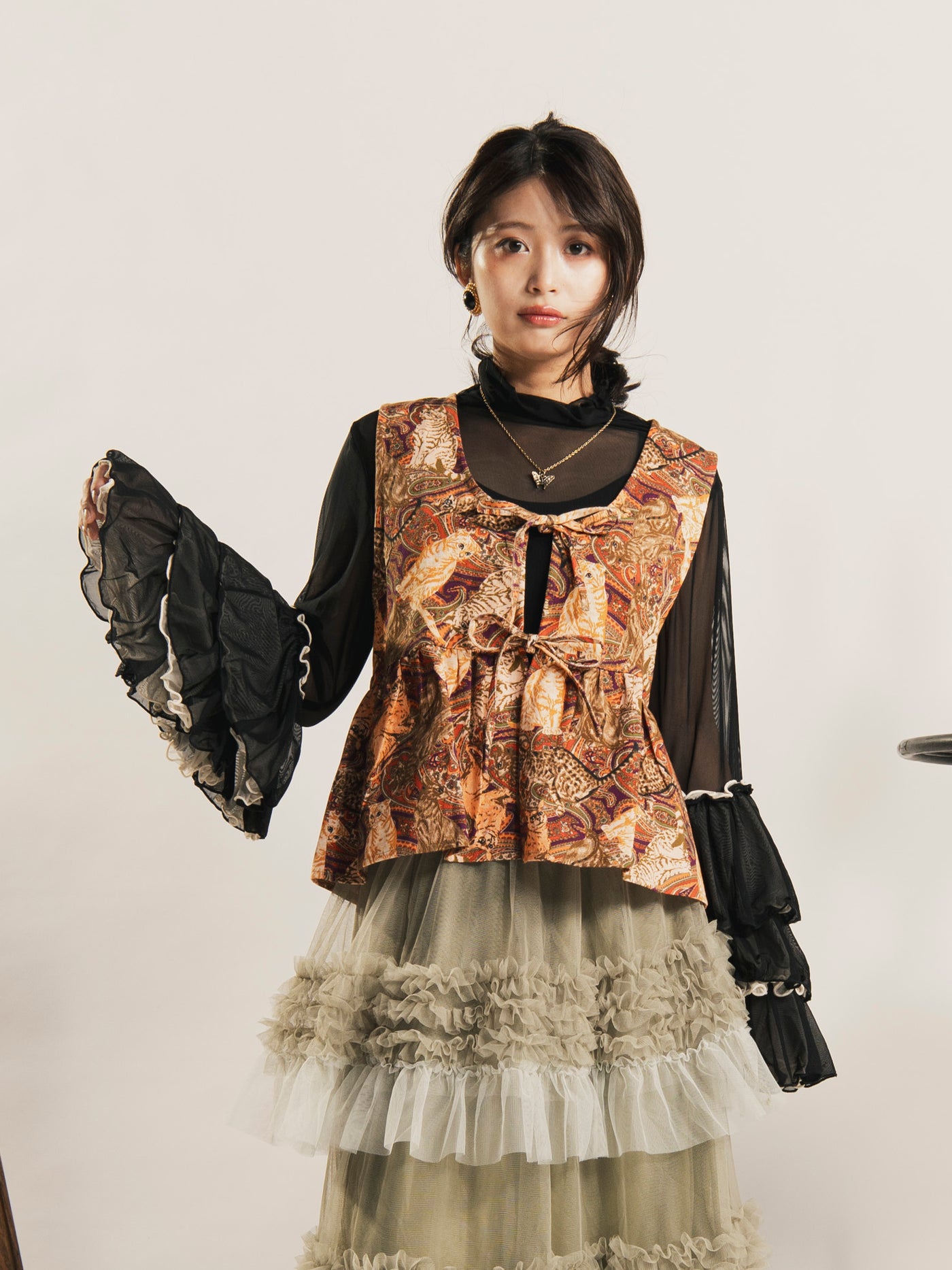 4色展開】Meridian タートルネック フリルスリーブ シアーカットソー