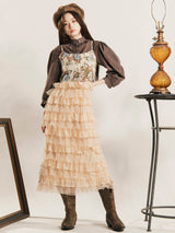 Elcamino ゴブラン×チュール フリル キャミソールワンピース