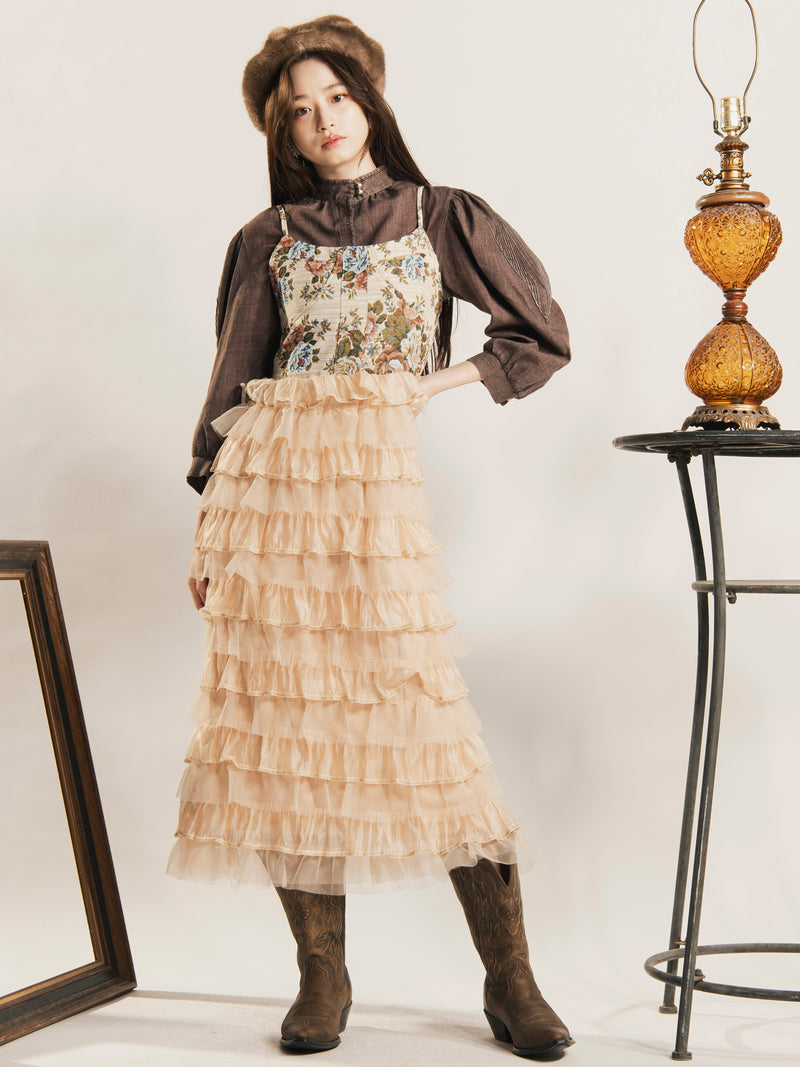 Elcamino ゴブラン×チュール フリル キャミソールワンピース